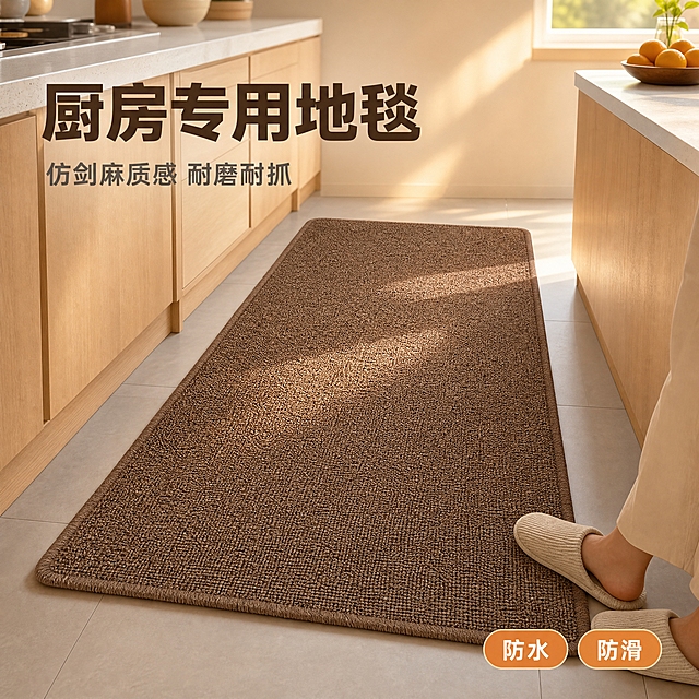 [主图-1] 厨房场景大面积铺陈，突出咖啡色丙纶圈绒地毯的整体氛围与面积感，吸引点击。
[统一基调] 温馨居家生活感，高级材质透视，温馨暖调自然光，午后慵懒光斑；同套图统一厨房场景背景（浅木色橱柜、白色石英石台面、浅灰地砖），统一字体为无衬线粗体中文，标题字色为深咖啡色，辅助字色为暖灰色，强调色为焦糖橘，卡片样式为圆角轻描边半透明底，光源方向来自左上方窗边自然光。
[画面] 一张完整的咖啡色丙纶圈绒地毯平铺在厨房地面中央，位于橱柜与岛台之间的走动区域，地毯呈长方形完整展示不切割，主体占画面约70%。地毯表面为细密圈绒纹理，仿剑麻质感，颜色为均匀咖啡色，边缘有同色包边。画面左上方可见部分浅木色下柜与白色台面，右上方有窗边暖光斜射进来，地面有柔和光斑。右下角露出一双穿着家居拖鞋的脚轻轻踩在地毯边缘，体现使用场景与尺寸参照。地毯与地面接触自然，有真实接触阴影，无悬浮感。
[光影质感] 商业摄影质感，左上方主光源，暖调自然光，地毯表面圈绒纹理清晰可见，纤维有细微高光，阴影柔和不生硬，整体画面通透有层次。
[配色] 背景以浅木色、白色、浅灰色为主，地毯为咖啡色主视觉，标题深咖啡色，辅助文字暖灰色，强调标签焦糖橘，整体暖色调统一。
[文字版式] 左上大标题版，主标题为大号粗体深咖啡色字「厨房专用地毯」，下方副标题小号暖灰色字「仿剑麻质感 耐磨耐抓」，右下角两个轻标签「防水」「防滑」用焦糖橘圆角小胶囊样式，文字不遮挡地毯主体。
[输出要求] 1:1正方形比例，2K高清，文字清晰可读，产品纹理清晰，整体氛围温馨自然。负向：变形、错字、模糊、杂乱、水印、平台Logo、地毯悬浮、边缘硬切、颜色偏差、人物面部出现、多余物品。