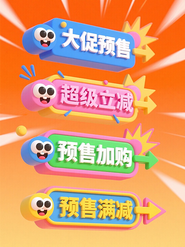 一套4个促销标签素材，排列整齐，标签搭配箭头、爆炸框等电商标签常用元素，每个标签都有眼睛，有不同的表情和颜色，文案分别是：大促预售、超级立减、预售加购、预售满减，橘色背景