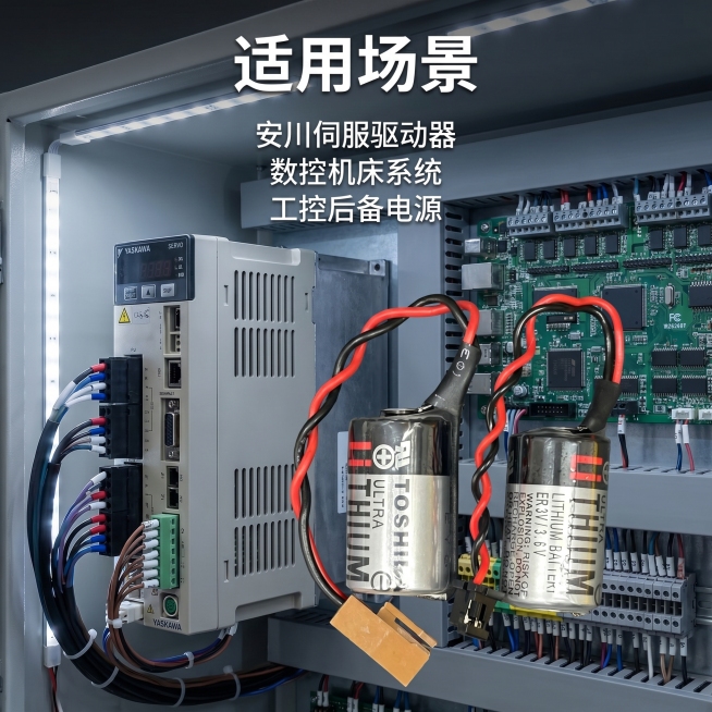 [主图-4] 东芝ER3V应用场景展示图。
[氛围风格] 专业工业科技场景，和整套主图风格统一
[画质] 清晰商业摄影，场景真实高级
[元素] 东芝ER3V锂电池放置在工控伺服驱动器旁边，展示应用场景预览效果