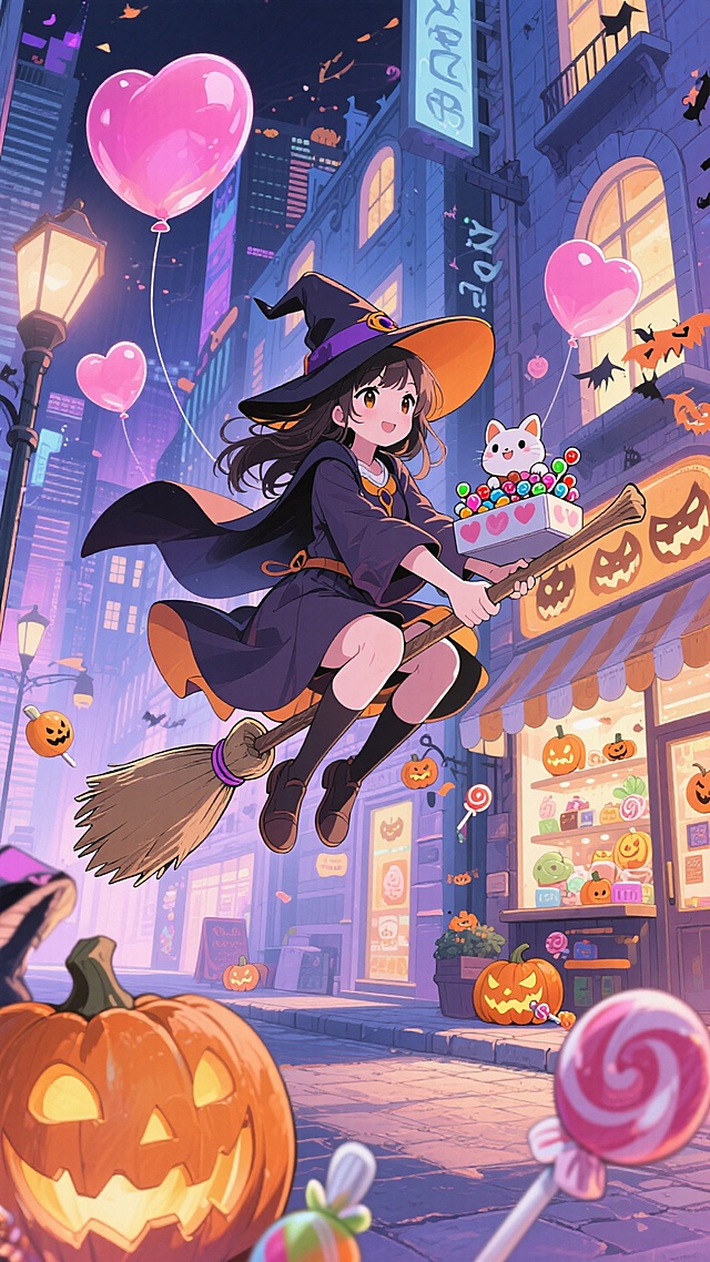 女巫在空中骑着扫帚载着小动物送糖果，南瓜造型的店铺，周围有南瓜灯、糖果等元素装饰，空中漂浮粉色爱心气球，背景是充满奇幻感的都市建筑，万圣节氛围
