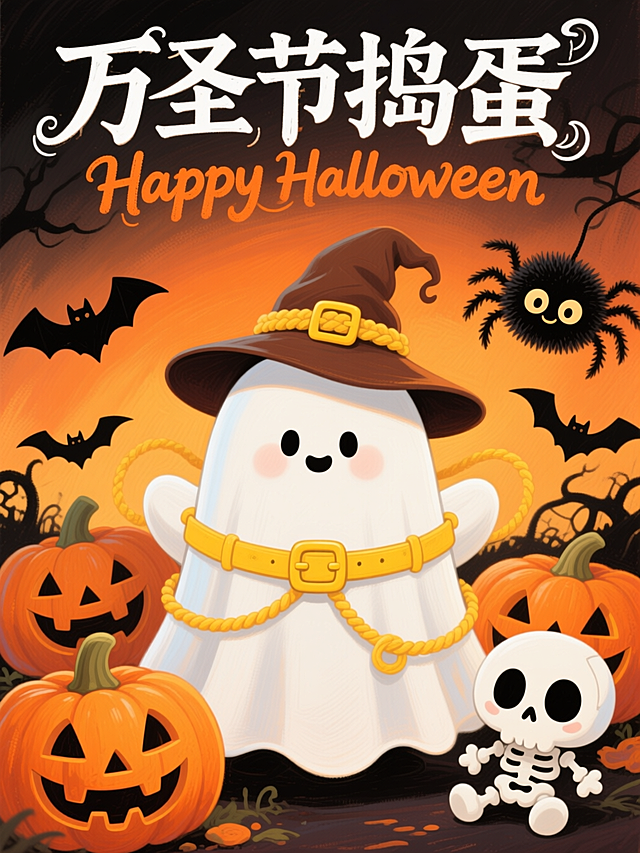 手绘油画风格，背景为暖橙色渐变，柔和明亮且富有层次感；画面中心是一只造型圆润、表情萌趣的白色幽灵，戴着棕色巫师帽（帽身配黄色腰带扣），周身环绕黄色装饰绳；幽灵周围环绕多只万圣节元素：经典橙色镂空笑脸南瓜灯、白色萌系笑脸南瓜灯、迷你 Q 版白色骷髅玩偶（大眼黑嘴，姿态活泼）；右上角点缀一只黑色卡通蜘蛛（圆眼微笑，带毛绒质感）；背景中还散布黑色蝙蝠剪影，增添节日氛围；顶部有白色哥特风字体 “万圣节捣蛋”，其下方是橙色手写风格的 “Happy Halloween”