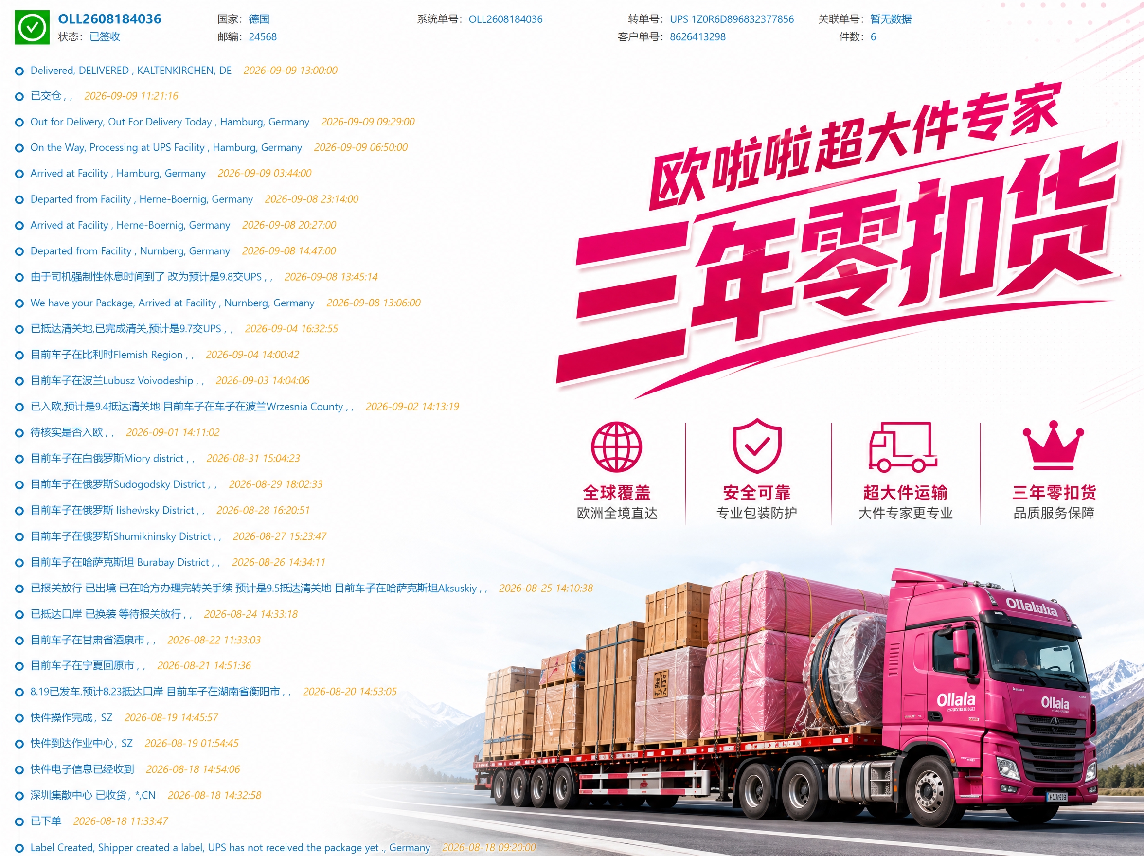 在这张物流轨迹截图的右侧空白区域和底部空白区域添加宣传内容：1… - 图片创意预览
