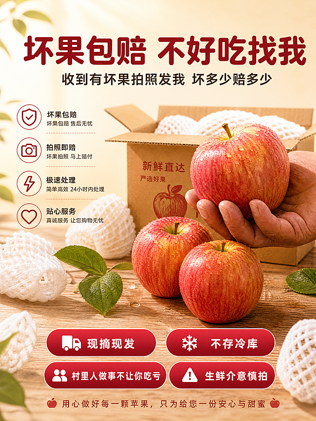 [主图-5 3:4版] 售后承诺+发货说明，温暖质朴信任感。将原1:1画面扩展为3:4竖版，上下增加画面内容。
[统一基调] 食欲脆甜商业摄影风；背景主色=暖米白渐变+浅木色桌面；标题字色=深苹果红；辅助字色=暖深灰；强调色=苹果红；字体=粗黑体圆润有力；组件=圆角胶囊标签、细线引线；整体温暖明亮有食欲。
[画面] 竖版3:4构图，画面中下部堆放2-3颗完整的盐源红苹果，带绿叶和水珠，旁边有一个打开的纸箱和白色网套，呈现刚发货的状态。一只粗糙朴实的手轻轻托着一颗苹果，传递村里人实在做事的感觉。上方扩展暖米白背景和柔和自然光，下方扩展更多桌面细节和散落的网套，增加竖版空间感。苹果主体占画面35%-45%。前景桌面+网套、中景苹果+手部、后景柔光渐变，至少3层视觉层次。画面中不出现坏果。
[光影质感] 左前侧暖柔光，苹果表面有柔和高光，手部自然真实，整体光线温暖柔和有信任感，底部有自然接触阴影。
[配色] 主色苹果红，背景暖米白+浅木色，强调色深苹果红，整体温暖质朴。
[文字版式] 上部大标题「坏果包赔 不好吃找我」；副标题「收到有坏果拍照发我 坏多少赔多少」；底部4个圆角胶囊标签分两行：现摘现发 / 不存冷库 / 村里人做事不让你吃亏 / 生鲜介意慎拍。所有文字横排，清晰可读，不遮挡苹果主体。
[输出要求] 比例3:4竖版，4K清晰度，文字清晰，苹果外观颜色与输入图一致。负向：变形、错字、模糊、杂乱、水印、平台Logo、坏果、腐烂、冷蓝背景、集装箱、官方制服、公章。