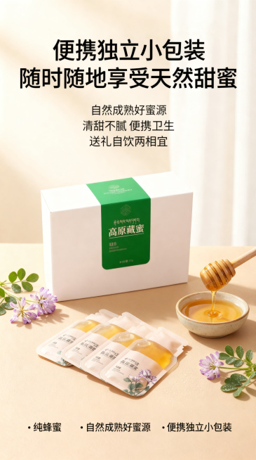 将图1里的紫芸英蜂蜜产品替换成图2的高原藏蜜产品，保持原图中的文字内容、环境布局完全不变，仅替换主体产品。
图2产品是独立小包装的高原藏蜜盒装蜂蜜，包装为白色纸盒搭配绿色标签。
精准匹配原场景透视角度预览效果