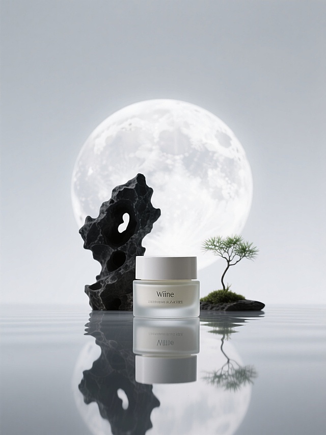 一瓶晚霜特写，后方一个大圆月，倒影，黑色太湖石、小株绿植，东方意境