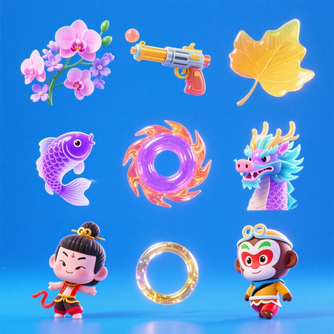 9个Q版图标（元素独立区域）：兰花、丁香花、鲤鱼戏水、紫罗兰、哪吒、银杏叶、猪八戒、敖丙、孙悟空，宝蓝色背景预览效果