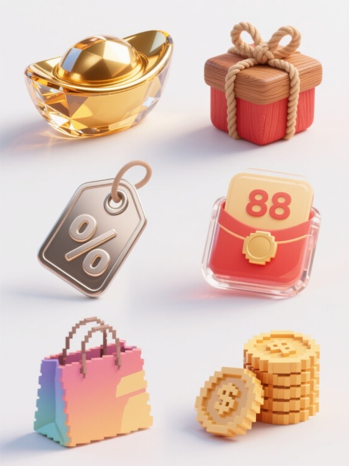 六个不同促销元素的精美图标整齐排列，每个图标采用独特材质与风格：第一个是水晶质感的金色元宝，闪耀着璀璨光泽；第二个为木质纹理的红色礼盒，系着麻绳蝴蝶结；第三个是金属拉丝效果的打折标签，呈现工业风；第四个是玻璃材质的红包，内部可见数字“88”；第五个为手绘风格的购物袋，填充渐变色彩；第六个是像素艺术的金币堆，复古游戏风十足。所有元素保持统一促销主题，在白色背景上形成和谐的视觉节奏，每个图标细节丰……预览效果