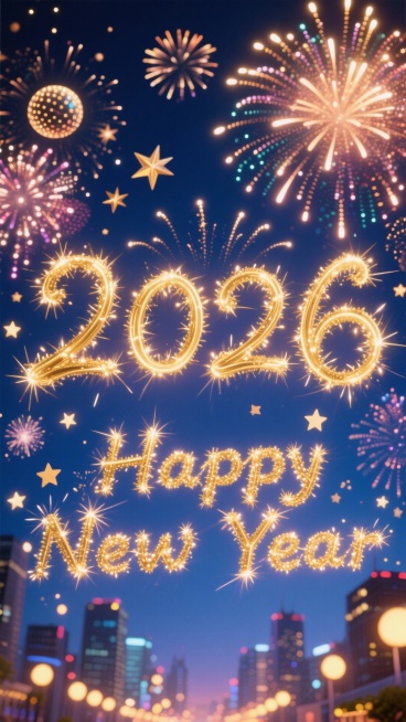 画面中央是金色烟花字“2026”，下方搭配金色烟花英文 “Happy New Year”，背景是深蓝色夜空，布满色彩绚烂的烟花，底部还有城市夜景的灯光光斑预览效果
