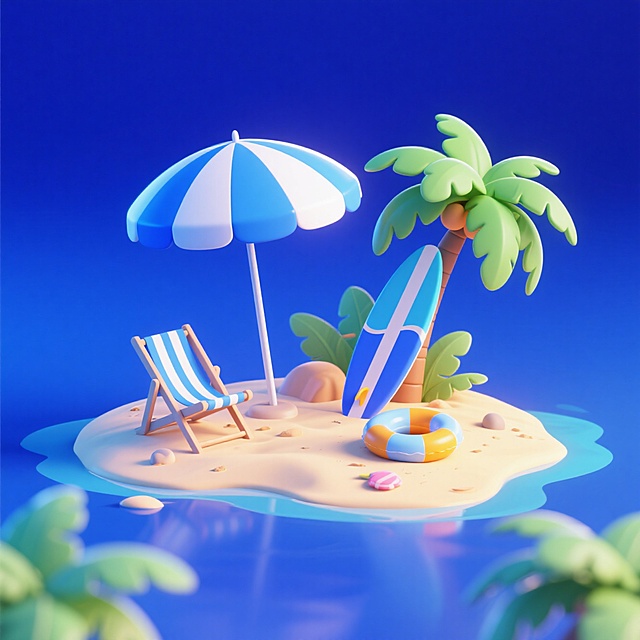 清新软3D风，卡通海岛场景，伞椅椰树相伴，夏日度假氛围。