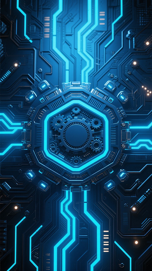 3D渲染的电路板主题科技感背景，以深蓝色与冰蓝色为主色调，整体呈现出未来主义的精密机械风格，中央为六边形几何结构，周围环绕着交错的电路纹路与机械组件，边缘分布着发光的蓝色线条与光点，营造出神秘而深邃的赛博氛围，光影效果突出金属材质的冷峻质感与立体感，构图采用对称式布局，视觉焦点集中于中心区域，细节处展现出复杂的机械齿轮与线路连接，整体画面充满科技感与设计感。