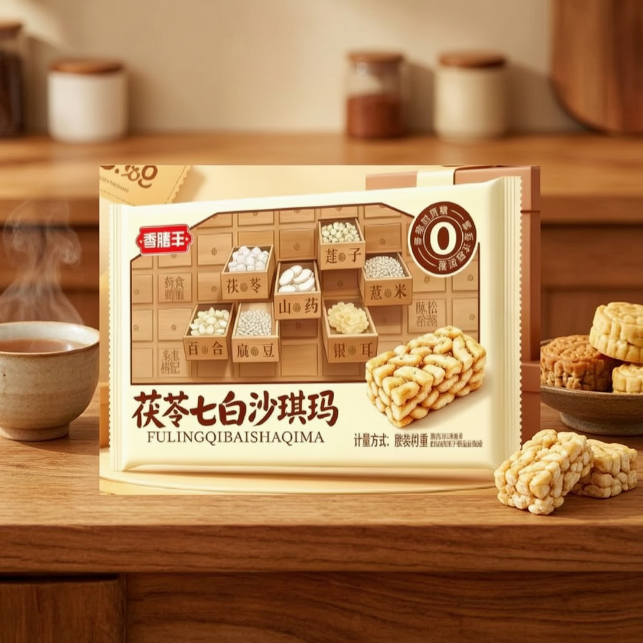 为茯苓七白沙琪玛产品生成新背景，保留产品包装和沙琪玛实物不变，… - 图片创意预览