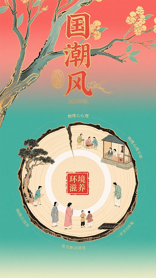 时空年轮版：树木横截面年轮分三层，内圈孟母典故、中圈环境要素、外圈现代成果，中心为"环境滋养"印章