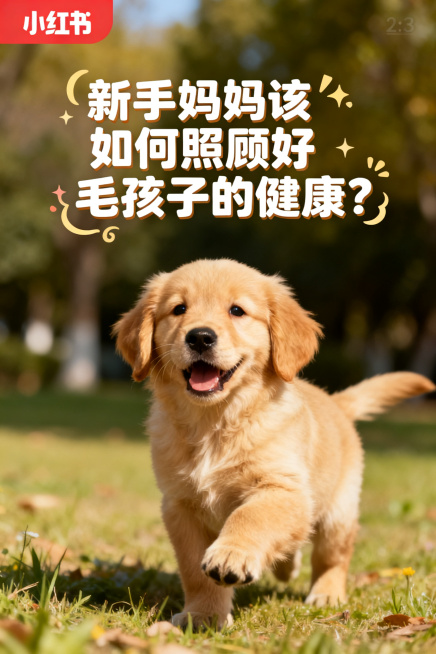 小红书《新手妈妈该如何照顾好毛孩子的健康？》封面宣传图，画面中心是一只活泼阳光的金毛幼犬，暖色调治愈风格，标题文字"新手妈妈该如何照顾好毛孩子的健康？"，字体设计精致活泼不简单，整体风格温暖温馨，适合预览效果