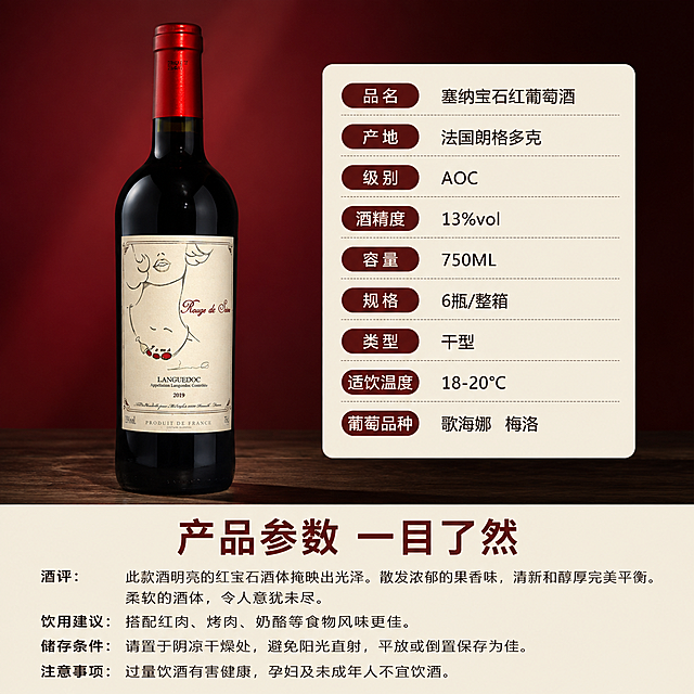 [主图-9] 产品参数信息展示，清晰列出红酒的各项规格参数。
[统一基调] 拼多多食品酒类主图，真实实拍质感，低AI感，高清电商商品图，无牛皮癣。整体配色采用深酒红+米白+浅金的高级感配色，拒绝花哨艳丽。字体使用简洁大气的无衬线黑体，文字全部放置画面下方区域，画面主体在上部。
[画面] 画面上部60%区域左侧展示一瓶完整的塞纳宝石红葡萄酒正立放置，酒标清晰，右侧为简洁的参数信息卡片，浅米白色卡片上用深棕色文字清晰列出各项参数。酒瓶放置在深棕色木质台面上，背景为深酒红色渐变。画面下方40%区域为更详细的参数文字区，背景为浅米白色。
[光影质感] 商业摄影棚拍质感，酒瓶光影柔和，参数卡片干净整洁，整体清晰易读，体现专业品质感。
[配色] 背景深酒红渐变，文字区和参数卡底色浅米白，文字深棕色，标题深酒红色，整体清晰专业不花哨。
[文字版式] 文字全部在画面下方和右侧参数卡区域，主标题大号粗黑体"产品参数 一目了然"，参数项包括：品名 塞纳宝石红葡萄酒，产地 法国朗格多克，级别 AOC，酒精度 13%vol，容量 750ML，规格 6瓶/整箱，类型 干型，适饮温度 18-20℃，葡萄品种 歌海娜 梅洛。文字排版整齐，字体简洁大气。
[输出要求] 1:1正方形比例，2048*2048像素，文字清晰可读，产品清晰锐利，无变形错字，无水印无平台Logo，无多余装饰元素，真实实拍质感，低AI感。