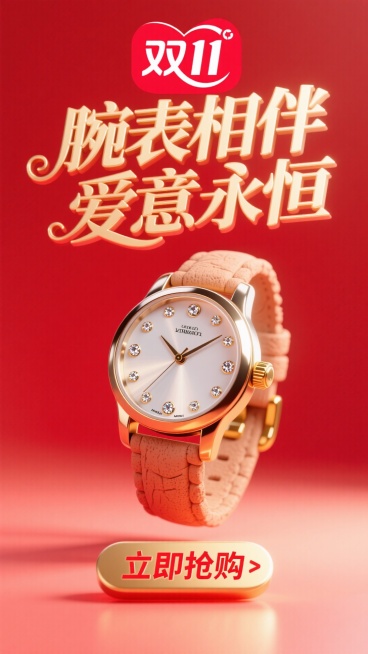 商业摄影风格，比例 16:9。以鲜艳的红色为背景，营造热烈氛围。画面正中央是巨大且优雅的主标题 “腕表相伴 爱意永恒”，采用金色立体艺术字体，笔画粗细变化富有韵律，表面有细腻的光泽质感，像是被柔和灯光预览效果