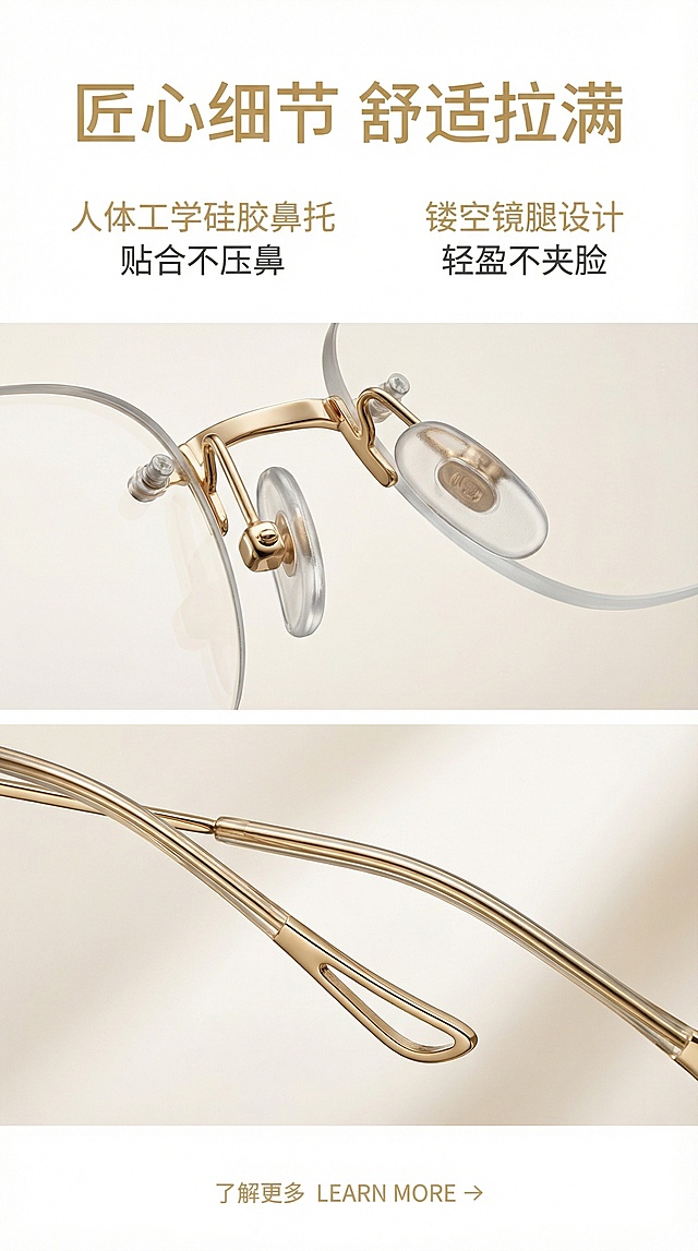竖版电商海报，极简轻奢杂志风，统一高级通透光影，画面顶部居中放置主标题【"匠心细节 舒适拉满"】，主标题下方分两列放置副标题，左列【"人体工学硅胶鼻托 贴合不压鼻"】，右列【"镂空镜腿设计 轻盈不夹脸"】，文字统一采用极简无衬线字体，金色与深灰色搭配，精致分栏排版，留白充足；画面上下分区域展示产品细节，上半部分特写严格还原的产品透明硅胶鼻托，下半部分特写严格还原的产品镂空镜尾与金属镜腿，保持产品真实材质质感，高光细腻的金属质感、高透光滑的镜片质感、哑光软弹的硅胶鼻托质感；背景为浅米白色柔焦渐变背景，柔和微距光影突出产品的细腻工艺，画面底部居中放置CTA按钮，按钮文字为 "了解更多 LEARN MORE →"，整体画面干净高级，细节拉满，8K超高清。避免模糊、低分辨率、产品变形、细节错乱、配色错乱、结构改变、杂乱元素、文字模糊、光影杂乱、材质失真、画面割裂、多余装饰