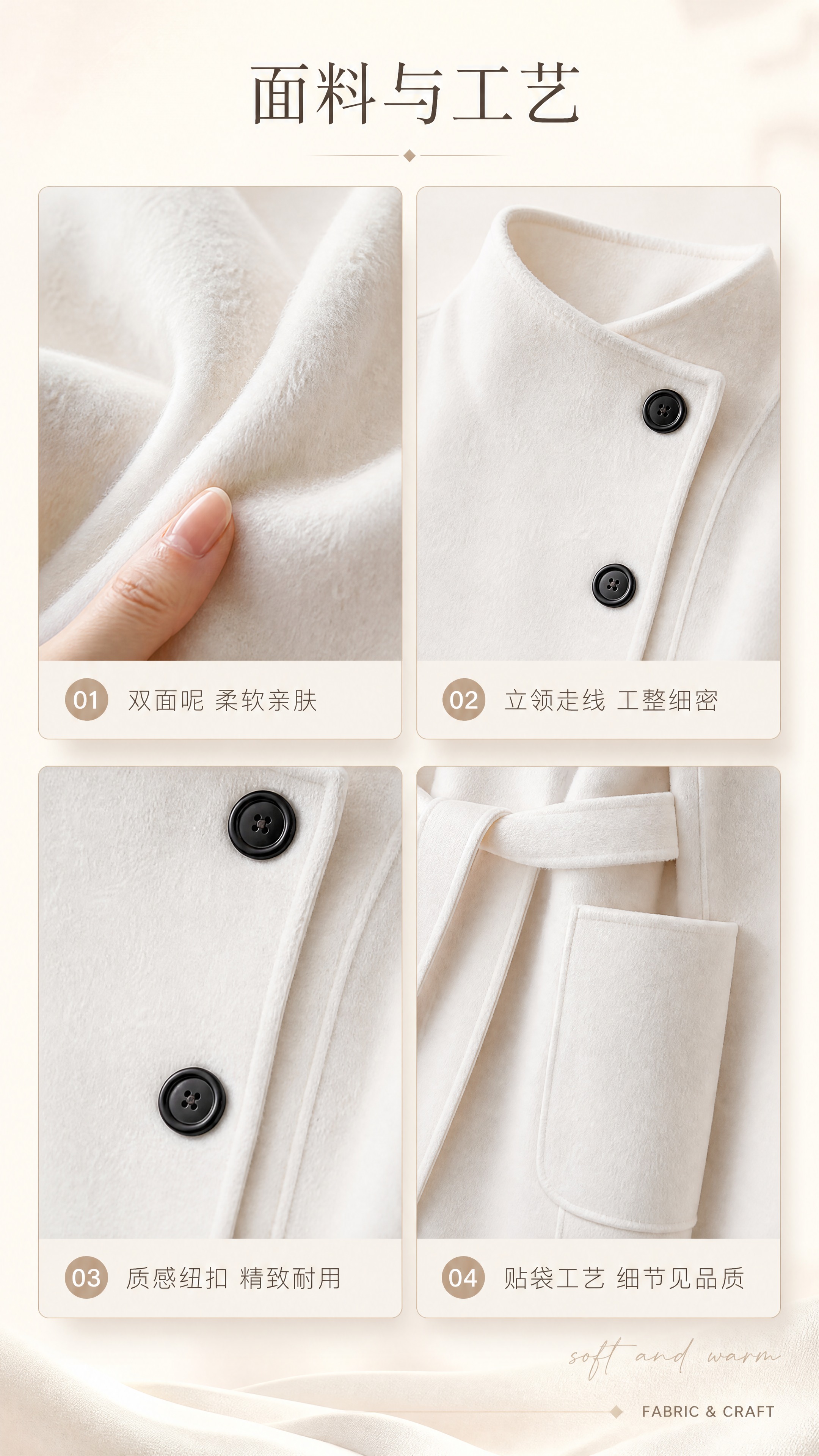 [商品] 使用【图2】米白色立领系带双面呢大衣，重点展示面料与… - 图片创意预览