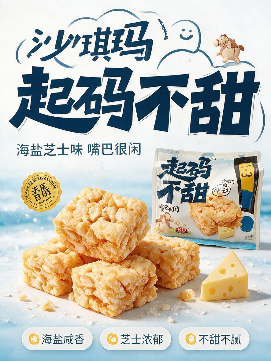 [商品] 使用【图1】名沙起码不甜海盐芝士味沙琪玛包装（白色袋… - 图片创意预览