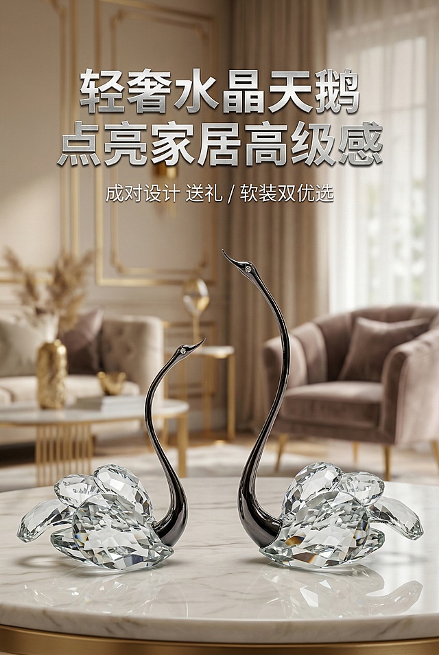 电商详情页首屏主视觉海报，严格还原参考图中的两只水晶天鹅摆件，包括产品造型、颜色、材质、细节等所有细节，两只天鹅居中对称展示，背景为轻奢家居背景，突出水晶的通透璀璨与金属的高级质感。主标题"轻奢水晶天鹅 点亮家居高级感"，采用大号加粗无衬线字体，金属烫银效果，位于画面上半部分居中；副标题"成对设计 送礼 / 软装双优选"，采用小号纤细无衬线字体，位于主标题下方居中。整体视觉干净高级，30秒抓住用户注意力，高清 8K，光影细腻，质感通透，专业商业摄影级画质。负面提示词：模糊、变形、产品细节失真、颜色偏差、杂乱背景、花哨字体、多余元素、水印、低分辨率、光影昏暗、透视错误、割裂感