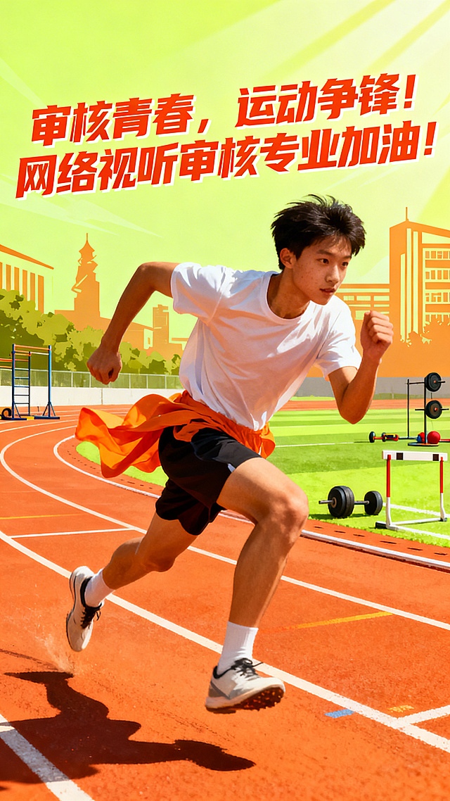 大学运动会宣传海报，网络视听审核专业加油主题，充满青春活力的校园运动风格，画面有奔跑的大学生运动员，显眼的标题文字"审核青春，运动争锋！网络视听审核专业加油！",整体色调明亮积极，设计充满动感和力量感