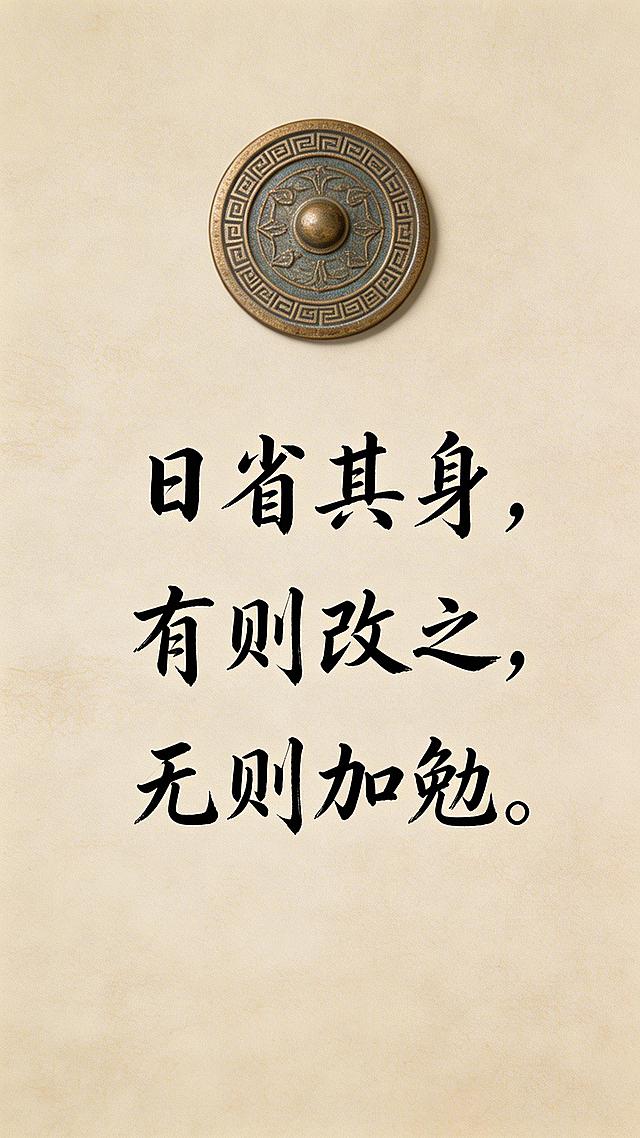 国风简约风格9:16早安海报，画面搭配古铜镜与毛笔书法元素，居中放置文字"日省其身，有则改之，无则加勉。"，字体尺寸保持一致，文字清晰排版整齐，整体端正雅致