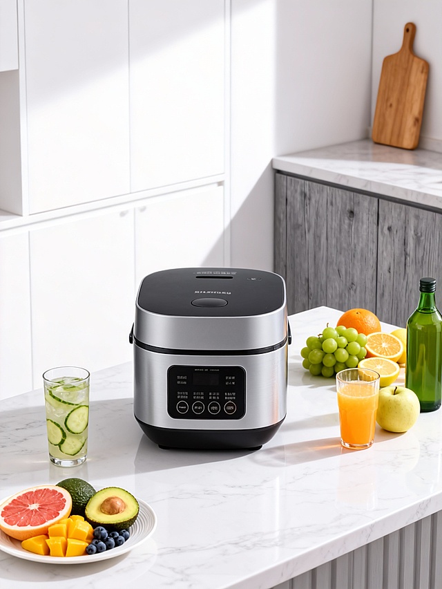 现代感与科技感交融的厨房场景，金属风电饭煲置于大理石台面，搭配清新果蔬与轻拟物设计，营造简约主义下的清爽舒适氛围。