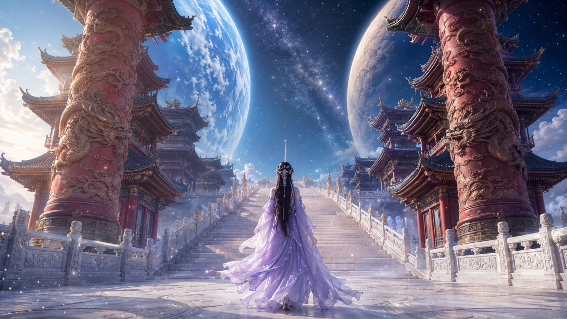 对称纵深构图，淡紫长裙女子背影为前景，沿白玉天阶向上行走，镜头前推抬升，带出两侧巨型红柱中式塔楼与背景星球轮廓，对称构图压迫感，淡紫长裙纱质衣袂飘动，长发垂落发饰细节清晰，天阶地面扬起细碎光尘粒子随镜预览效果