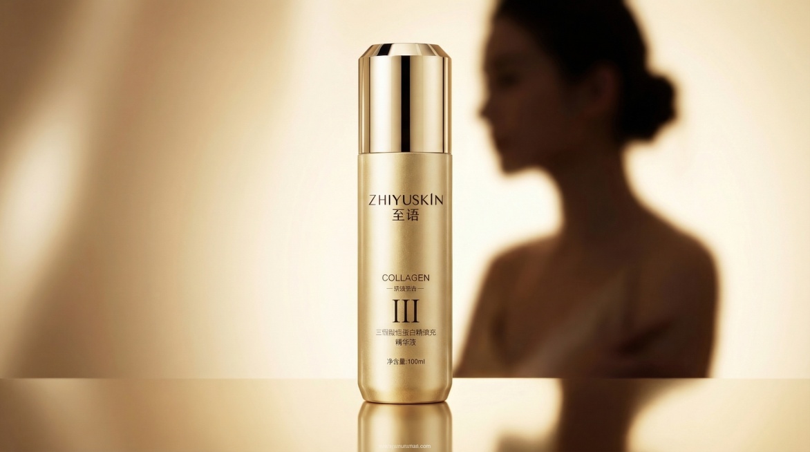 保持图中胶原蛋白精华瓶的比例、形状、包装和文字完全一致，特写，产品在镜子中的倒影，背景的女性是模糊的，设计干净，有发光效果，奢华金色风格，超写实质感，极简香槟色背景，影棚布光，无额外文字，页面底部添加预览效果