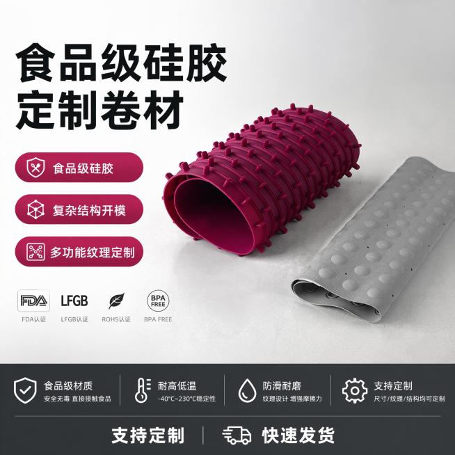 [单张主图] 定制工业食品级硅胶卷材配件，左文右品标签参数型爆款主图，同时承担点击、理解、信任、转化四个任务，卖点突出食品级硅胶、复杂结构开模、多功能纹理定制，不标注有现货。
[画面主体] 保持玫红色预览效果