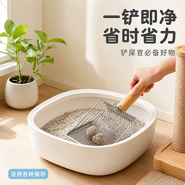 [主图-4] 猫砂铲使用场景图 猫砂盆旁轻松铲屎
[氛围风格] 真实家居场景 温馨自然 生活化
[画质] 商业摄影质感 场景真实自然 产品清晰融入环境
[元素] 画面展示家居一角 浅色木地板 白色猫砂盆放在角落 一只手握着木柄猫砂铲正在猫砂盆里铲猫砂 手部只露出手腕和手掌局部 动作自然 猫砂铲保持与输入产品图一致的外观材质 猫砂盆旁边有一小盆绿植和猫抓板一角 背景是浅米色墙面 整体温馨干净 产品在画面中景清晰可辨 主体占比约40%
[光影] 窗边自然光 柔和从左上方照入 地面有柔和阴影 整体明亮温暖 生活化光影
[配色] 主色原木色 不锈钢银 辅色浅米 绿植浅绿 暖白
[视角构图] 45度斜侧平视 猫砂盆和猫砂铲为视觉中心 场景丰富有生活感 景深中等
[文字版式] 右上负空间右对齐 大标题"一铲即净 省时省力" 深灰粗体大号圆润字体 下方辅助文字"铲屎官必备好物" 中号浅灰字体 左下角圆角浅蓝底白字标签"适用各种猫砂"
[输出要求] 1:1比例 文字清晰锐利 超高清商业摄影质感
[负向提示词] 变形 文字错乱 产品模糊 背景杂乱 水印 电商平台Logo 多余的手 畸形手 手部扭曲