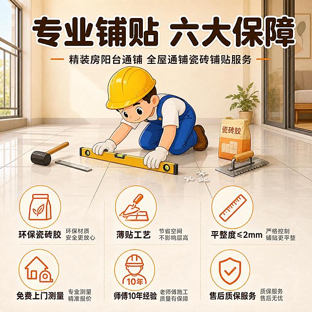 [主图-3] 精装房阳台通铺 全屋通铺瓷砖铺贴服务 服务亮点与专业证明。
[统一基调] 暖调家居风 卡通工人IP延续 米白+浅木色主背景 深棕色主标题字 橙色强调色 圆润卡通字体 圆角图标卡片 整体温馨专业。
[画面] 画面中央偏上是戴黄色安全帽的卡通工人半蹲在刚铺好的瓷砖地面上，手持水平仪认真检查瓷砖平整度，周围有施工工具：橡皮锤、水平尺、瓷砖胶、十字卡子等整齐摆放。背景是通铺完成的精装房地面，浅灰色大瓷砖缝隙均匀，表面光亮。画面下方和两侧分布六个圆形图标加文字的服务亮点，呈两排三列排列。
[光影质感] 室内自然光，柔和均匀，地面瓷砖有自然反光，卡通人物和工具细节清晰，商业插画质感，专业可信。
[配色] 主背景浅米色 瓷砖浅灰色 主标题深棕色 图标橙色边框 强调色橙色 整体干净专业。
[文字版式] 顶部大标题"专业铺贴 六大保障"，下方六个图标卖点："环保瓷砖胶""薄贴工艺""平整度≤2mm""免费上门测量""师傅10年经验""售后质保服务"，每个图标为橙色线条圆角圆形，配简短文字说明，文字横排，字体圆润卡通，标题最大最粗。
[输出要求] 比例1:1 文字清晰可读 图标排列整齐 人物和场景清晰 无变形 无错字 无水印 无平台Logo 画面整洁专业。