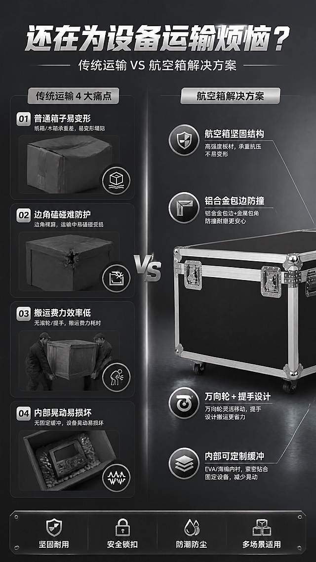 [商品] 使用【图1】黑色铝合金航空箱；保留整体结构、铝合金包边、金属锁扣、万向轮等关键特征；作为右侧解决方案的核心产品展示。
[画面] 目标：痛点对比页，展示传统运输方式的4大痛点与航空箱的解决方案。构图：左右分栏对比版式，左侧痛点区，右侧解决区，中间用渐变分割线。景别：中景+图标组合。前中后景：深灰工业风背景，左侧4格痛点小场景插画/图标，右侧航空箱主体+对应解决图标。阅读动线：从左到右，先痛点后解决方案。
[视觉] 套系策略：风格=工业风硬朗商业摄影，高级质感；标题字=粗黑体，厚重有力；正文字=简洁无衬线黑体；主色=炭黑+金属银；背景延展=深炭灰渐变打底，左侧痛点区偏冷灰调，右侧解决区偏暖银调；强调色=亮银色，仅用于小面积图标、引线和高光点缀；标题色=纯白；正文色=浅银灰；组件=金属质感信息条、银色细线引线、圆角深色信息卡；光影=整体均匀布光，右侧产品区略亮突出。
[文字] 顶部通栏主标题「还在为设备运输烦恼？」。左侧4格痛点：① 普通箱子易变形 ② 边角磕碰难防护 ③ 搬运费力效率低 ④ 内部晃动易损坏。右侧对应解决：航空箱坚固结构、铝合金包边防撞、万向轮+提手设计、内部可定制缓冲。文字全部横排，层级清晰。
[规格] 图片比例9:16竖版，4K分辨率，负向提示：避免变形、缺件、颜色偏差、文字模糊、竖排文字、斜排文字、卡通风格、塑料质感、极限词、夸张恐吓。
