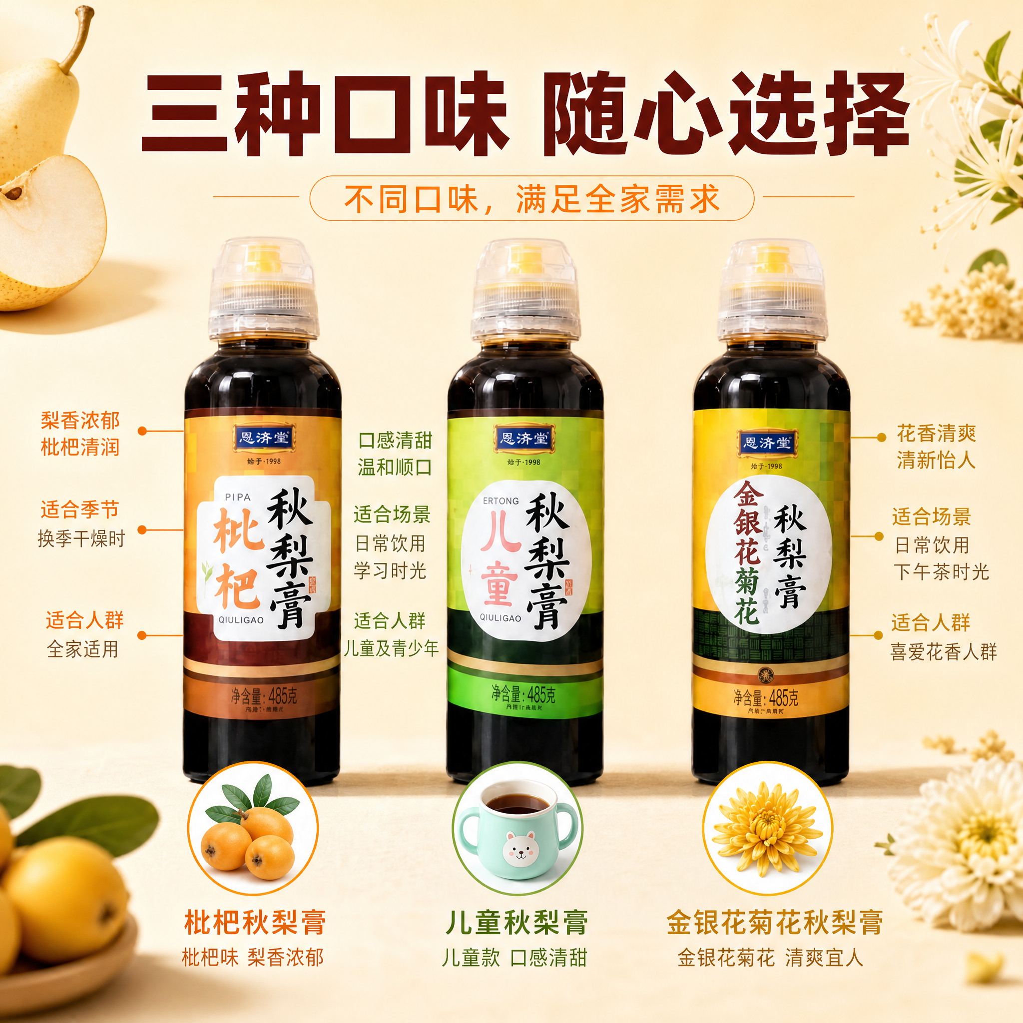 [主图-3] 多口味细节展示，分别展示三种口味秋梨膏的特点和适… - 图片创意预览