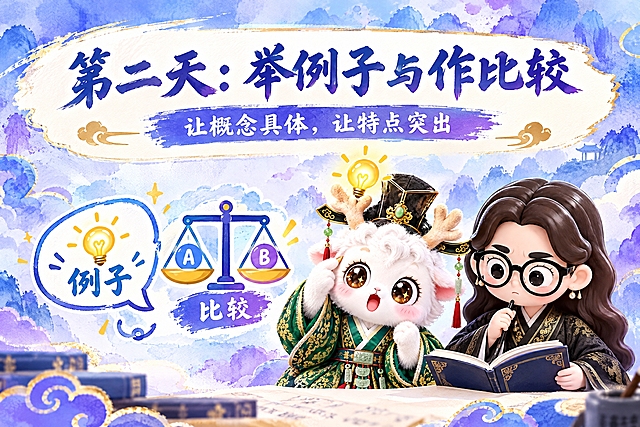 横版6寸比例的课程标题页设计，大标题为"第二天：举例子与作比较"，副标题为"让概念具体，让特点突出"，画面中央有两个图标：一个例子气泡和一个天平比较符号，右侧放置两个Q版国风IP形象：一个是摸头灵光一闪、头顶有灯泡灵感的白色毛绒瑞兽（穿绿色汉服戴官帽），另一个是戴黑框眼镜、穿黑色金龙纹汉服的卡通女孩，两人表情专注认真，整体风格活泼明亮，蓝紫色水彩风背景，与费曼复述卡系列风格统一，排版大气有层次感，适合打印