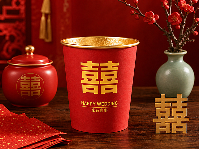 超写实静物摄影。
主体：纸杯严格参照上传产品图，完整保留所有可见组件、部件、轮廓、结构、比例、材质、颜色与产品本体上的文字信息（囍字、HAPPY WEDDING、家有喜事），与上传图完全一致；自然融入场景光影，与场景共处同一物理空间。产品占画面60%~70%，完整不裁切，近景构图，画面绝对视觉主导，背景无其他同类产品。
构图：居中构图，微侧15°平视。
风格：新中式喜庆。
场景概念：婚礼喜宴桌面一角，暖红灯火氛围。
承载与空间：
①桌面中央，深胡桃木实木桌面，细腻木纹，深棕褐色；
②背景，柔焦虚化的中式红墙与金色流苏挂饰，暖红色调。
陪衬物：
①纸杯左前方，一只小型陶瓷喜糖罐，哑光正红配描金双喜，圆润造型；
②纸杯右后方，一小束红色干梅花枝，插在迷你青瓷小花瓶中，枝条舒展；
③桌面左下角，半叠洒金红宣纸，边缘自然卷曲；
④纸杯右侧，一枚黄铜小喜字摆件，哑光金色，薄片状立放。
配色：主色调正红60% / 辅助色深棕25% / 点缀色鎏金、青瓷绿15%；画面实际颜色5种：正红 / 深棕 / 鎏金 / 青瓷绿 / 米白。
材质：纸质 / 实木 / 陶瓷 / 黄铜 / 干花；画面实际材质5种：纸 / 木 / 陶瓷 / 金属 / 植物干枝。
光影：主光从左前侧45°暖光照射，照亮纸杯正面红色纸面与金色囍字，纸面呈现哑光柔反质感，金色内壁与杯口有细腻高光；辅光为右侧暖红环境反射光，阴影边缘柔和过渡，产品边缘有柔和轮廓光切分。
参数：写实光追。严格锁定宽高比为4:3。