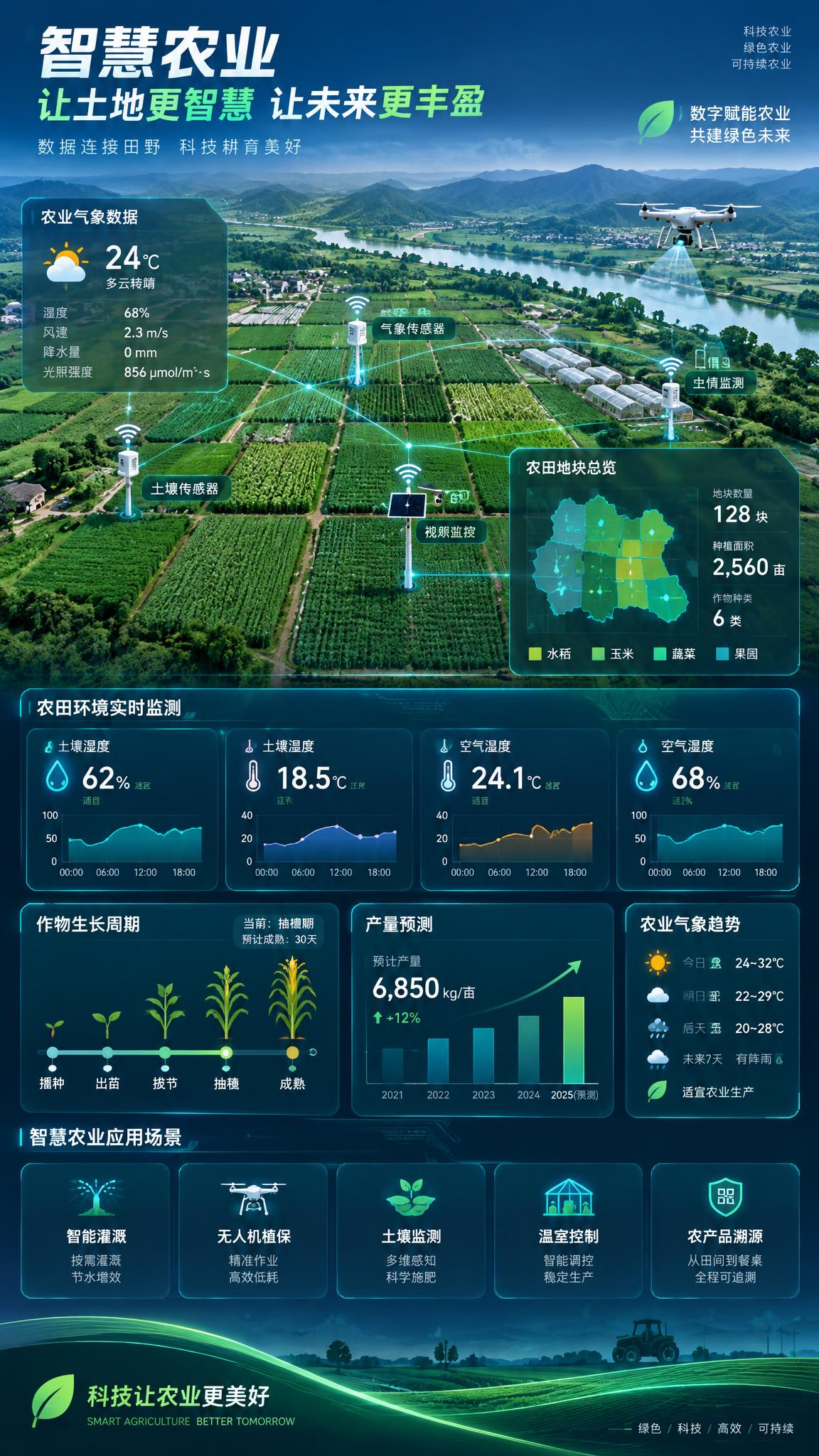 智慧农业信息可视化设计竖版海报，以绿色和深蓝色为主色调，包含农… - 图片创意预览