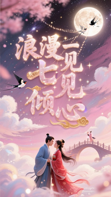 粉色海报设计风格，立体汉字“浪漫七夕 一见倾心”以行云流水的连笔书法呈现浮雕造型，仿和田玉材质透出温润光泽，笔划边缘包裹24K金箔祥云纹路，居中正视图，对称仰视构图，背景是圆圆的月亮映衬着牛郎和织女鹊预览效果