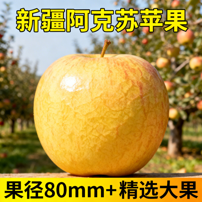 新疆阿克苏苹果电商主图，1:1比例，特写阿克苏苹果的表皮纹理，背景是虚化的苹果园，上方文字"新疆阿克苏苹果"，下方文字"果径80mm+ 精选大果"，突出苹果的优质品相预览效果