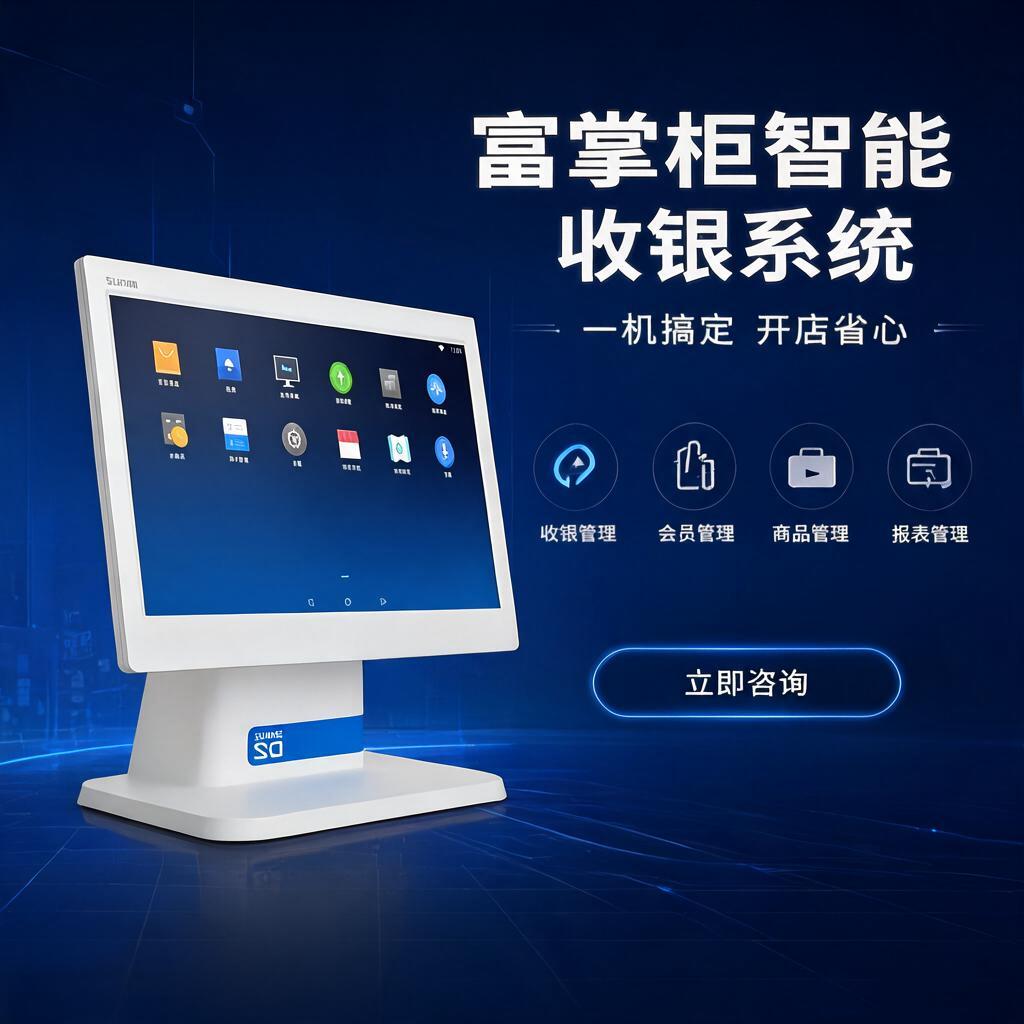 修正图片右上角的文字错字，将"富掌柜智能收银系统"中的错乱文字… - 图片创意预览