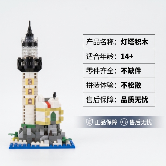 [主图 5] 灯塔积木产品规格与服务承诺展示。[氛围风格] 氛围感场景风，专业严谨；[画质] 商业摄影质感、光线柔和通透、产品清晰真实、画面干净高级。[元素] 完整灯塔积木放置画面左侧，右侧区域用简洁预览效果