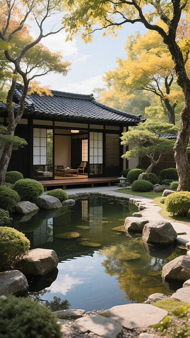 写实风格庭院景观，主体为传统日式茶室建筑，黑色木质框架搭配大面积玻璃推拉门，内部可见木质地板与简约家具，屋顶覆盖深色瓦片。庭院中央有不规则形状的小池塘，水面平静倒映天空与周围景物，池中有多块大小不一的灰褐色岩石，部分露出水面形成自然石径。周围环绕修剪整齐的绿色灌木与高大乔木，其中几棵树枝干虬曲，叶片呈现黄绿渐变的秋季色彩。阳光从树叶间隙洒落，在地面与水面形成斑驳光影，整体色调以原木色、深绿、青石色为主，搭配温暖的阳光黄色，营造出宁静、自然、禅意的氛围，光影柔和，细节丰富，画面通透，具有清晰的景深和层次感。