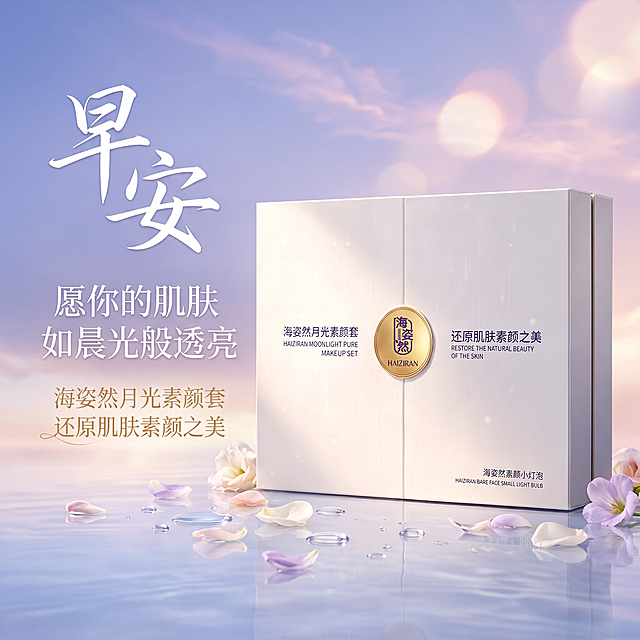 奢华质感早安图，海姿然月光素颜套礼盒。产品礼盒位于画面中央偏右，正面略微倾斜展示，保持产品外观与输入图完全一致。产品旁边摆放着晶莹的水珠和新鲜的花瓣，水润清新。背景为清晨蓝紫色到粉金色的渐变天空，如同日出时分的美丽天空，有淡淡的云朵和光晕。画面左侧大字："早安" 白色优雅书法字体，大气。下方小字："愿你的肌肤 如晨光般透亮" 白色细体字。再下方："海姿然月光素颜套 还原肌肤素颜之美" 浅金色字体。整体色调蓝紫、粉金、白色搭配，清新奢华，如诗如画，意境优美。1:1方图构图，8K超高清，商业摄影级质感。产品必须与输入图完全一致。