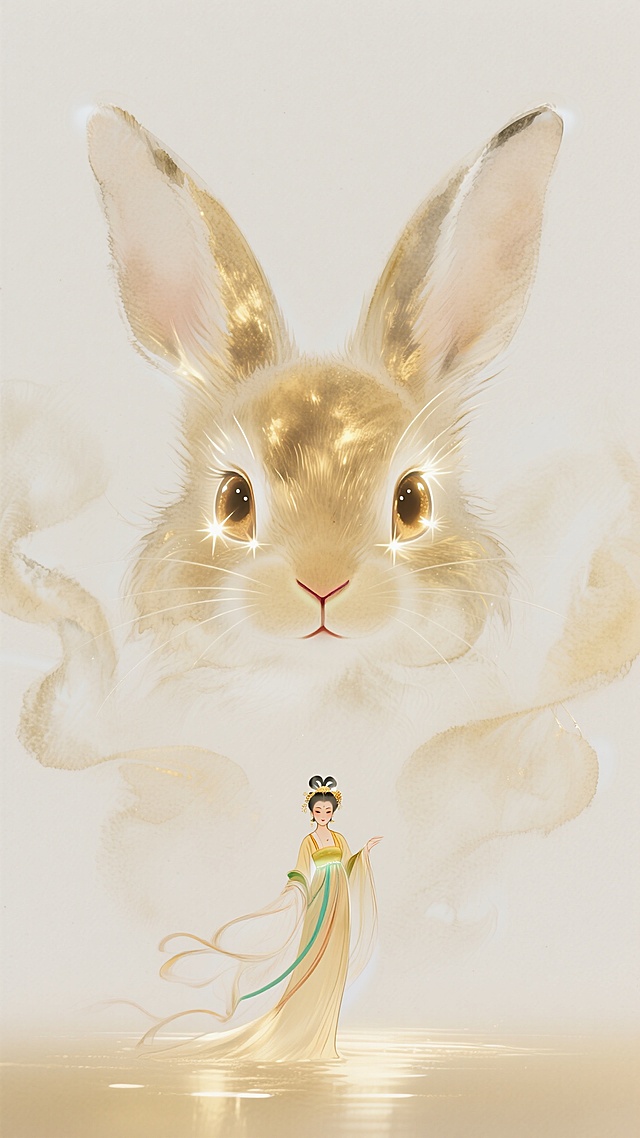 一个巨大的兔子眼睛看着下方的嫦娥（全身），烟雾遮挡露出朦胧的兔头，兔子眼睛有星光效果，浑身金色发光拉丝效果，光细腻如发丝，大面积留白，概念视觉，朦胧，梦幻，对称构图，极致的大小对比，金色调