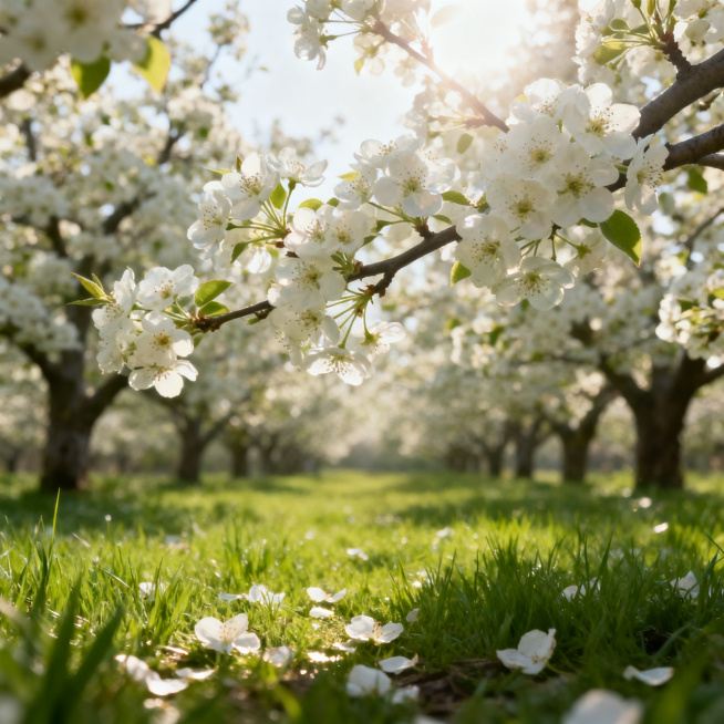 超写实风景，春日梨花林场景，枝头满簇白色梨花，花瓣娇嫩通透，花蕊细节清晰，地面生长着鲜嫩的青草地，散落着少量掉落的梨花花瓣，阳光通透柔和地穿过花枝，在草地和花瓣上形成清透的光影，空气清新明快，整体氛围预览效果