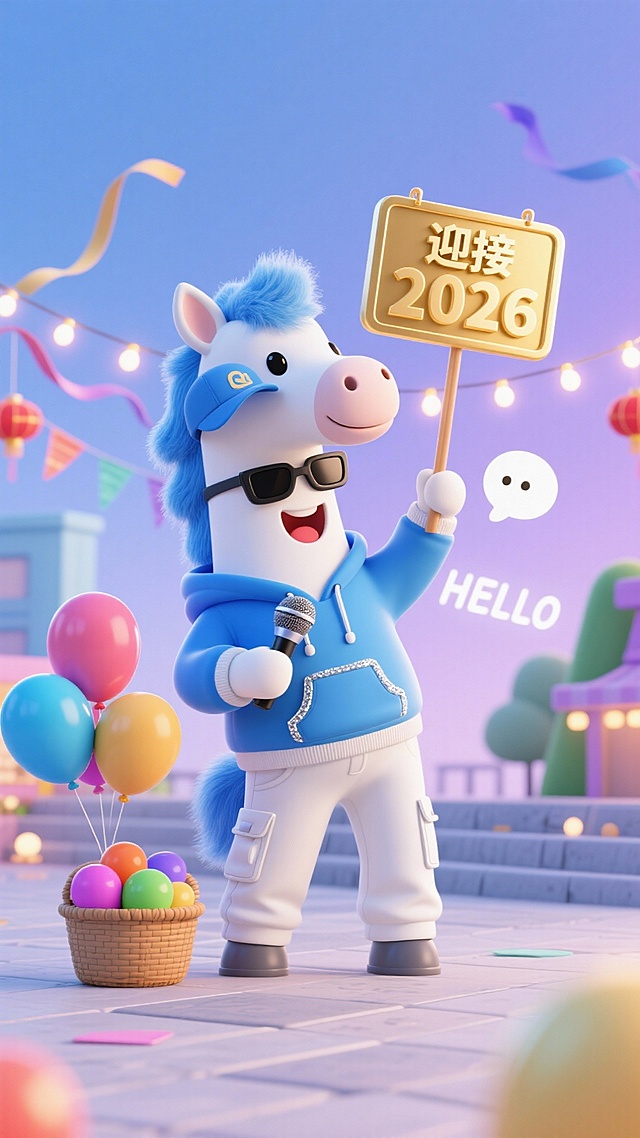 软3D风格卡通马拟人形象，戴墨镜持麦克风，手持“迎接2026”标牌，色彩明亮喜庆，节日氛围浓厚，充满未来感与童趣。