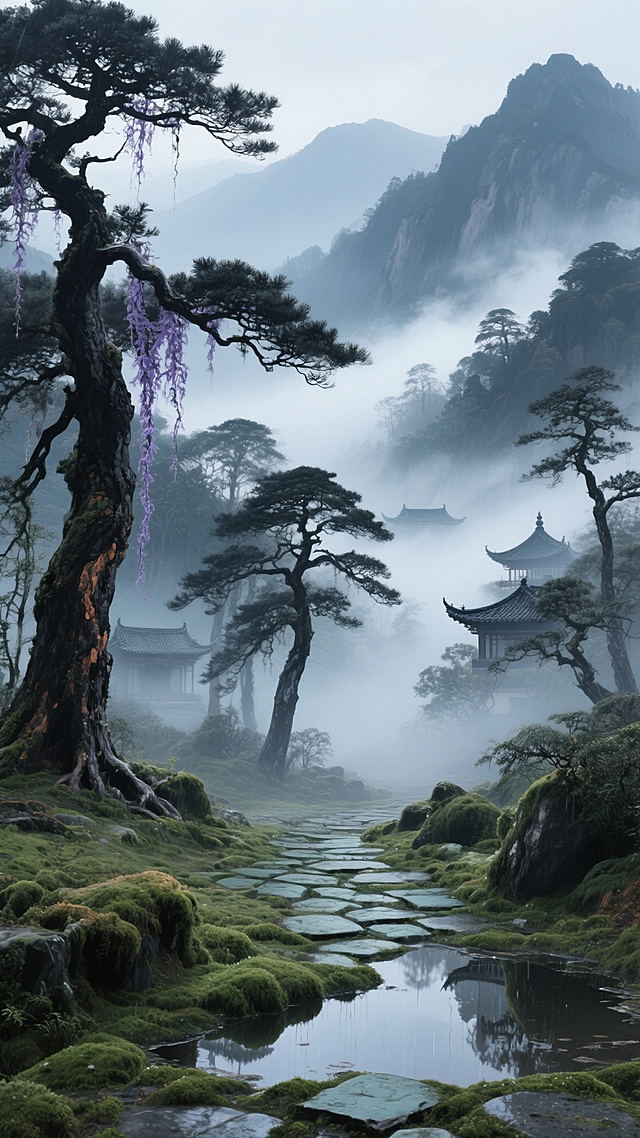 全景构图，中式水墨风格的深山古林，画面以靛青与墨黑为主色调，间杂着苔绿与赭石色的斑驳。晨雾如轻纱般缠绕在苍劲的古松枝干间，虬曲的枝干上悬挂着几缕淡紫色的藤蔓。前景是覆盖着湿润苔藓的青石板小径，水洼中倒映着朦胧的远山轮廓。中景处几株姿态各异的古柏拔地而起，枝干间透出微光，光影在湿润的树皮上形成深浅不一的墨色层次。背景是若隐若现的黛色山峦，山间飘荡着乳白色的晨雾，几处飞檐翘角的古寺亭台在雾气中时隐时现。整个画面运用了水墨画特有的"墨分五色"技法，浓淡干湿恰到好处，笔触间既有飞白的苍劲，又有晕染的柔和，营造出一种"空山新雨后"的清幽意境。
