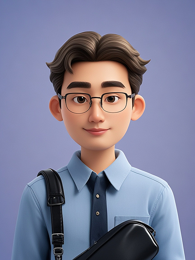迪士尼风格，3D角色，一名年轻中国老师，职场证件照，纯色背景