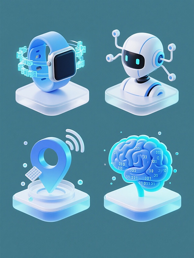 一套4个完全不同的科技主题图标，保持原图标3D立体风格，渐变蓝色和青色为主色调，白色透明渐变底座，发光效果和悬浮粒子装饰，规整排布在纯色背景上，图标内容分别为：1. 带有数据流环绕的智能手表，2. 连接着电路线条的机器人头部，3. 带有卫星信号波纹的定位导航标志，4. 被数字代码环绕的大脑思考符号