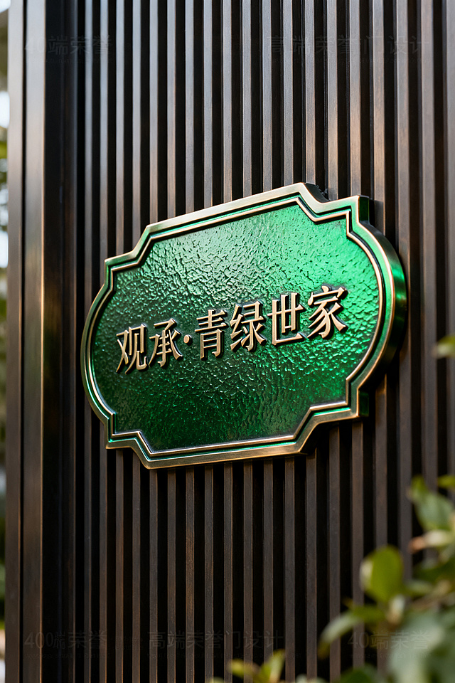 设计一块异形绿色系荣誉门牌，仅保留文字"观承·青绿世家"，40*60尺寸，高端金属质感，雅致绿色设计，仅展示门牌本身，不包含门体，简约精致