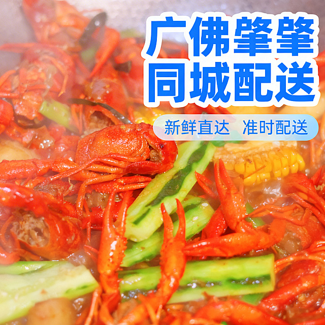 [主图 9] 私厨小龙虾配送服务承诺
[氛围风格] 专业放心，便捷安心
[画面元素] 商业摄影质感，光线柔和通透，产品清晰真实，画面干净高级。原图小龙虾放置画面左下，保持产品外观和原图一致，画面干净满铺无边框
[配色色系] 主色调：小龙虾红色，辅助色浅蓝色服务标签，干净清爽
[视角构图] 左下主体右上文字的平衡构图
[文字版式] 右上区域大号蓝色粗体“广佛肇同城配送”，下方半透明悬浮条排列服务承诺：“新鲜直达 准时配送”，文字醒目不遮挡主体，对比清晰
[比例分辨率] 1:1比例，2k分辨率，文字清晰可辨，超高清
[负向提示词] 变形，水印，文字错乱，产品图模糊，背景杂乱